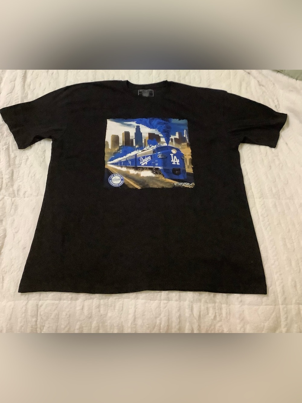 LA Dodgers, Black Graphic Tee with Blue Train Artwork